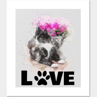 Watercolour Cat with Flowers Posters and Art